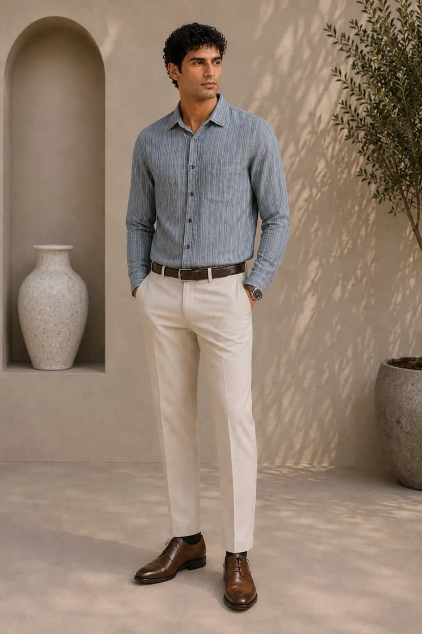 Blue Textured Double Collar Cotton Linen Shirt