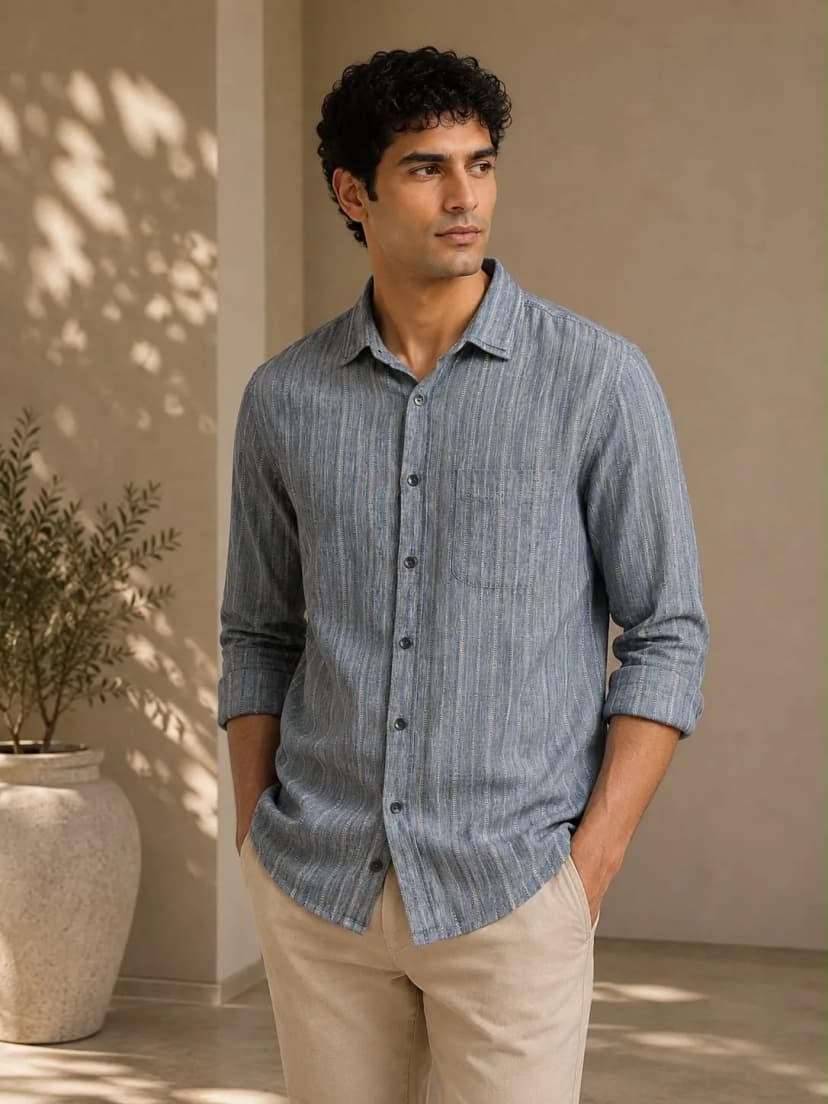 Blue Textured Double Collar Cotton Linen Shirt alternate view
