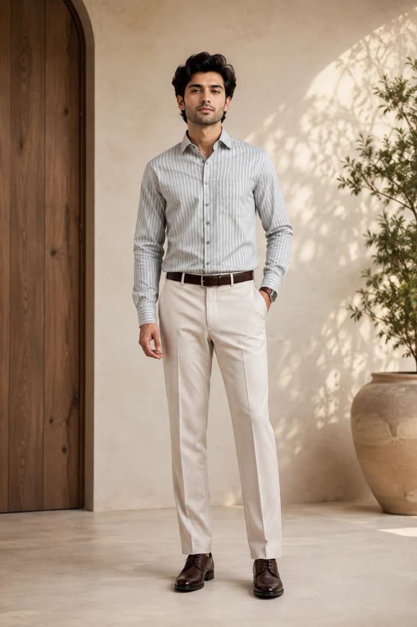 Grey Beige Striped Cotton Linen Shirt for Men